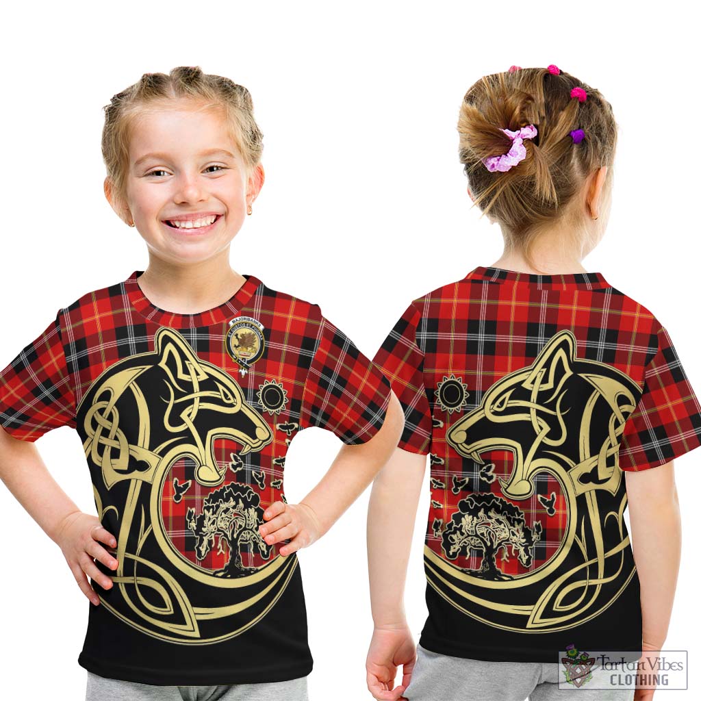 Tartan Vibes Clothing Majoribanks Tartan Kid T-Shirt with Family Crest Celtic Wolf Style