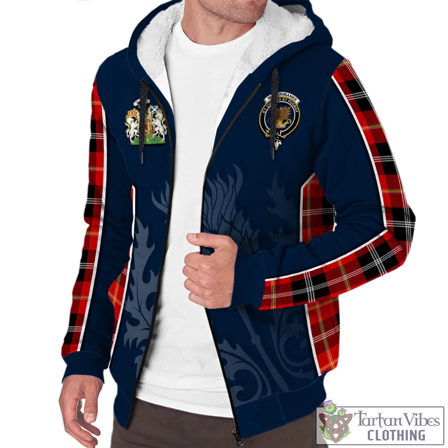 Tartan Vibes Clothing Majoribanks Tartan Sherpa Hoodie with Family Crest and Scottish Thistle Vibes Sport Style