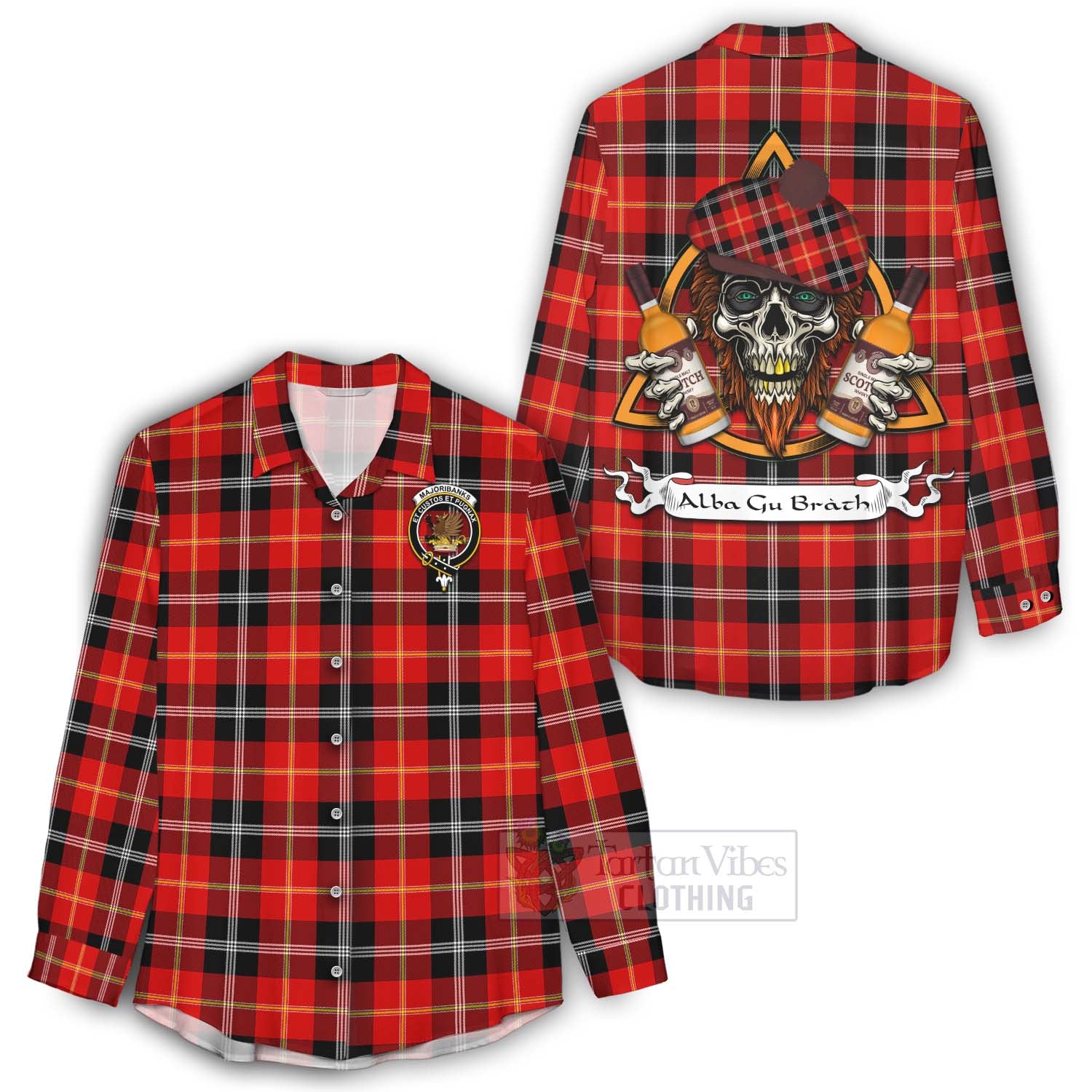 Tartan Vibes Clothing Majoribanks Tartan Women's Casual Shirt with Family Crest and Bearded Skull Holding Bottles of Whiskey