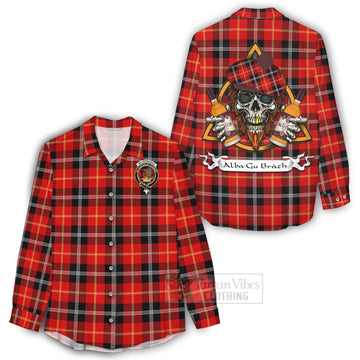 Majoribanks Tartan Women's Casual Shirt with Family Crest and Bearded Skull Holding Bottles of Whiskey