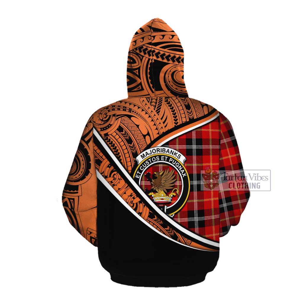 Tartan Vibes Clothing Majoribanks Crest Tartan Cotton Hoodie with Maori Tattoo Style - Orange Version