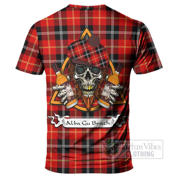 Majoribanks Tartan T-Shirt with Family Crest and Bearded Skull Holding Bottles of Whiskey