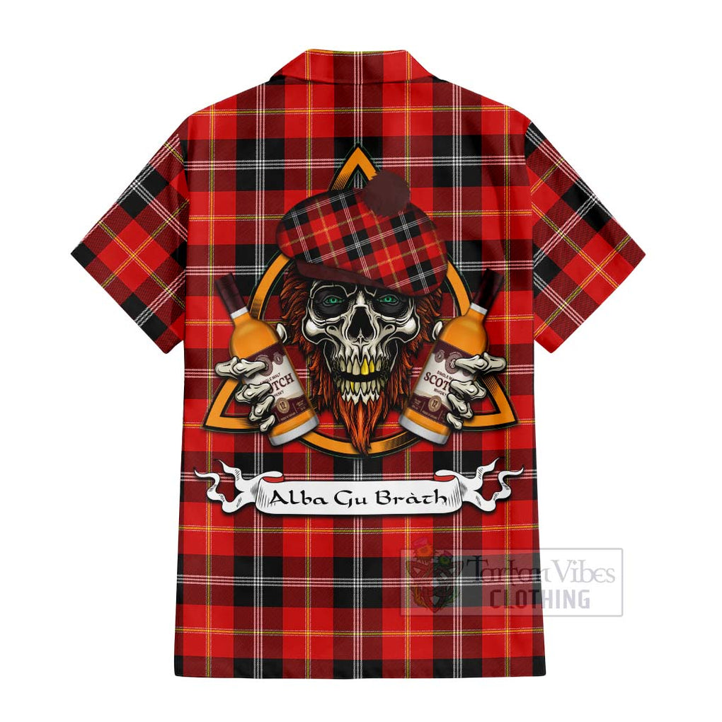 Tartan Vibes Clothing Majoribanks Tartan Short Sleeve Button Shirt with Family Crest and Bearded Skull Holding Bottles of Whiskey