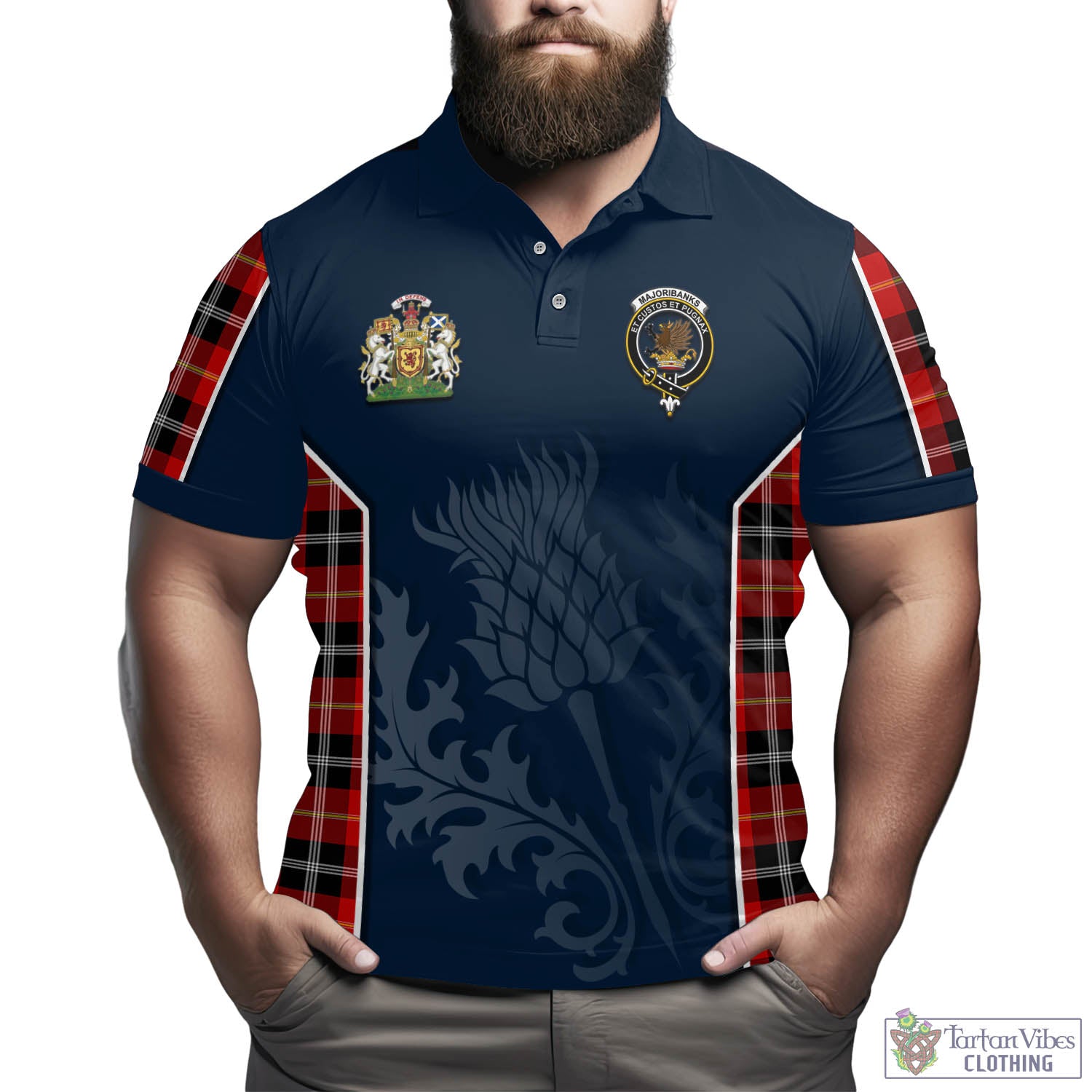 Tartan Vibes Clothing Majoribanks Tartan Men's Polo Shirt with Family Crest and Scottish Thistle Vibes Sport Style