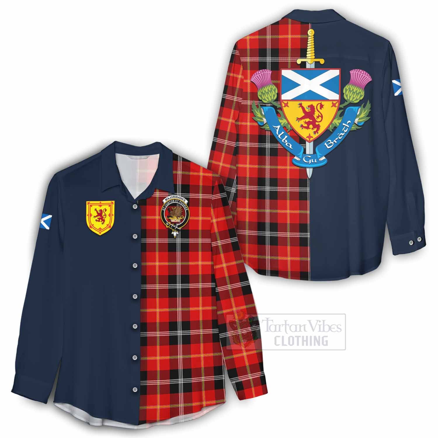 Tartan Vibes Clothing Majoribanks Tartan Women's Casual Shirt Alba with Scottish Lion Royal Arm Half Style