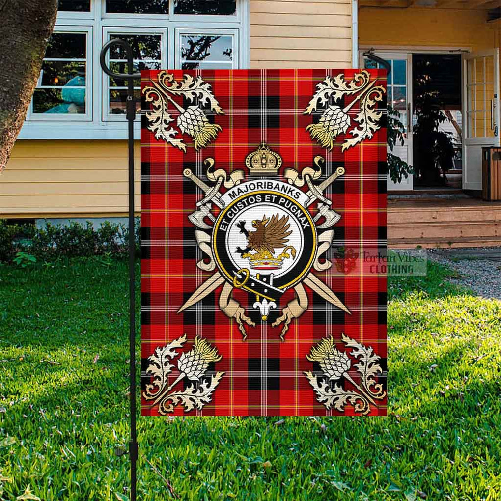 Tartan Vibes Clothing Majoribanks Tartan Flag with Family Crest and Golden Thistle Crossed Sword Design