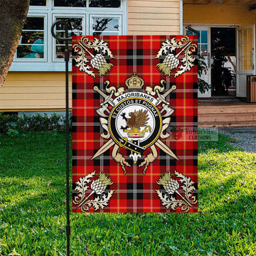 Majoribanks Tartan Flag with Family Crest and Golden Thistle Crossed Sword Design