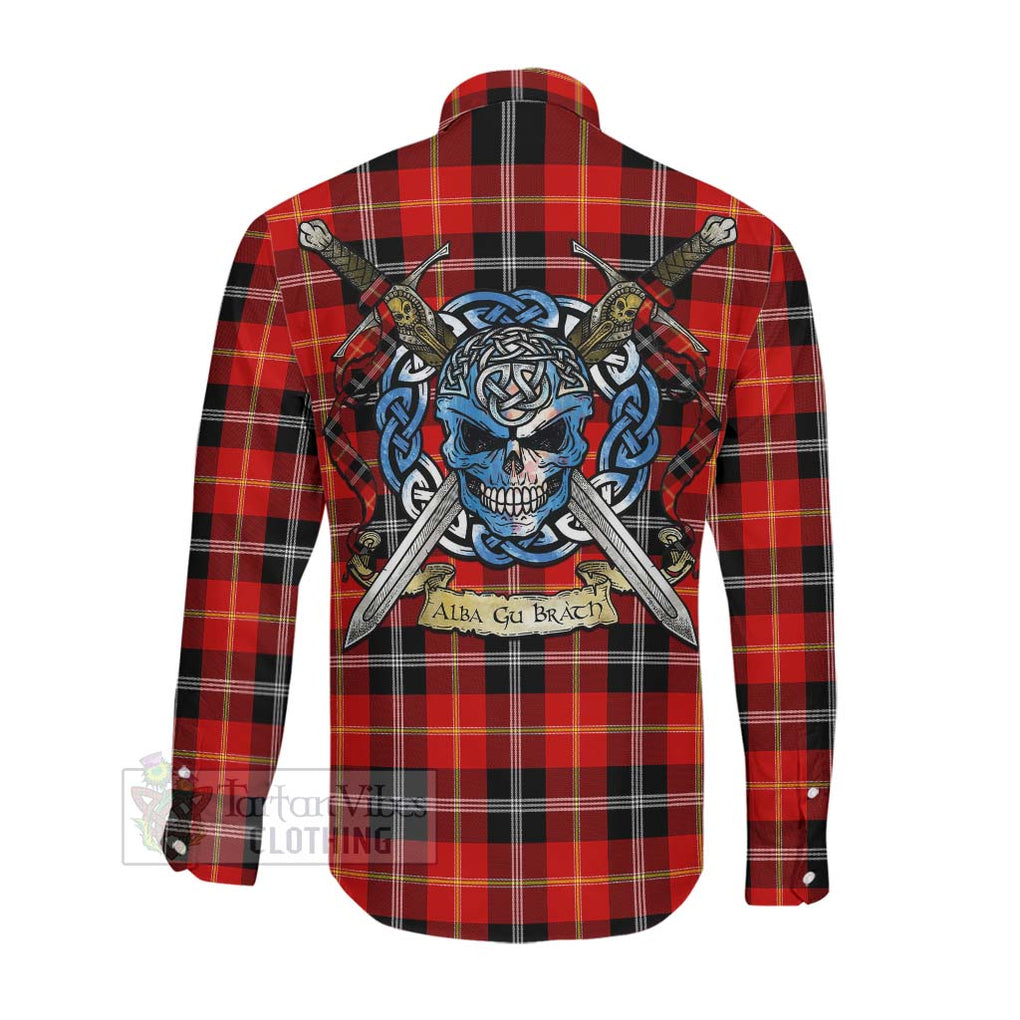 Tartan Vibes Clothing Majoribanks Tartan Long Sleeve Button Shirt with Family Crest Celtic Skull Style