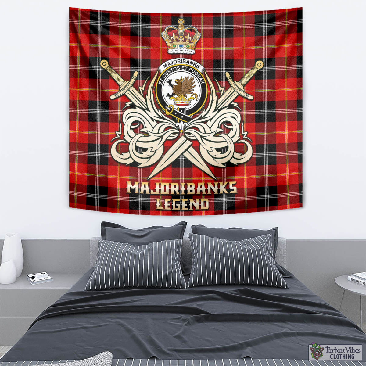 Tartan Vibes Clothing Majoribanks Tartan Tapestry with Clan Crest and the Golden Sword of Courageous Legacy