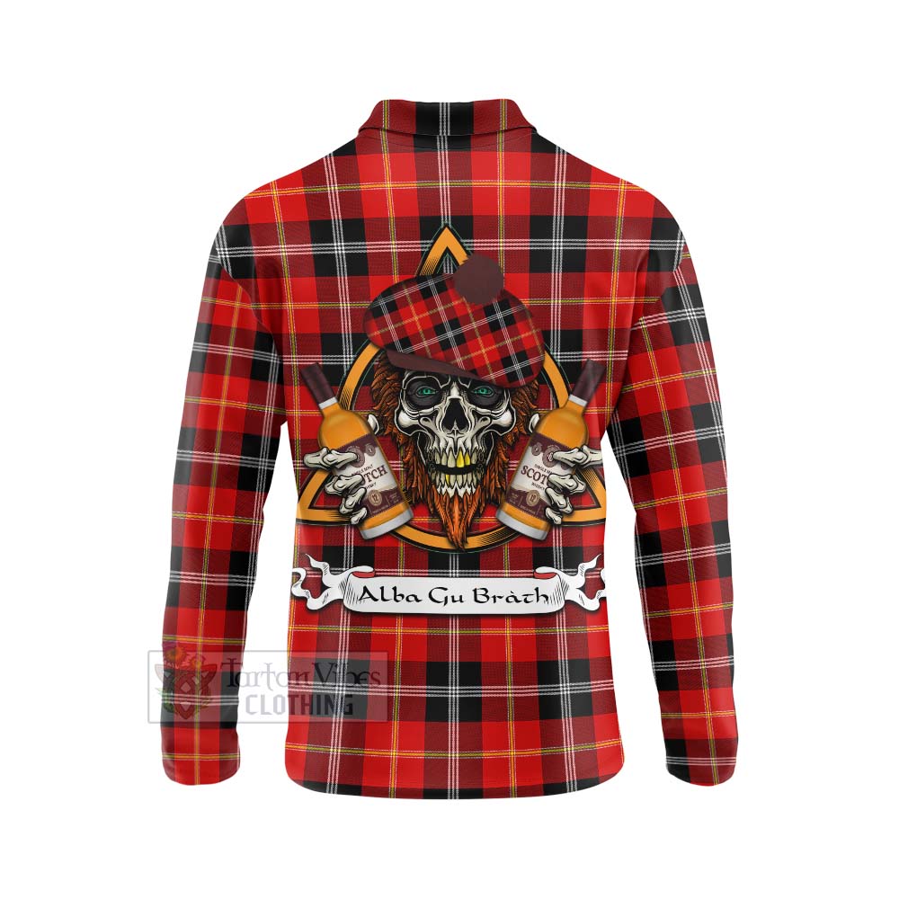 Tartan Vibes Clothing Majoribanks Tartan Long Sleeve Polo Shirt with Family Crest and Bearded Skull Holding Bottles of Whiskey