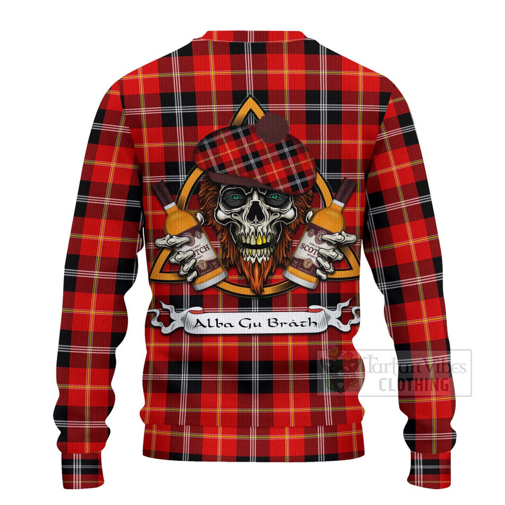 Tartan Vibes Clothing Majoribanks Tartan Knitted Sweater with Family Crest and Bearded Skull Holding Bottles of Whiskey