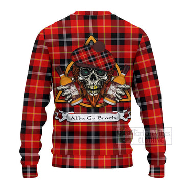 Majoribanks Tartan Ugly Sweater with Family Crest and Bearded Skull Holding Bottles of Whiskey