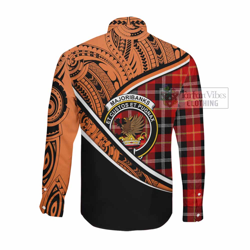 Tartan Vibes Clothing Majoribanks Crest Tartan Long Sleeve Button Shirt with Maori Tattoo Style - Orange Version