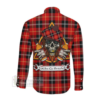 Majoribanks Tartan Long Sleeve Button Shirt with Family Crest and Bearded Skull Holding Bottles of Whiskey