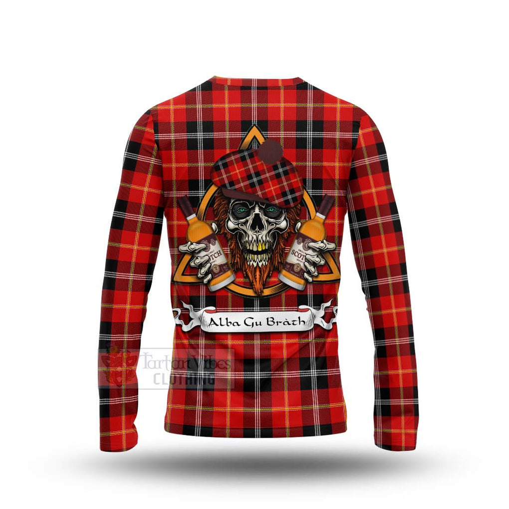 Tartan Vibes Clothing Majoribanks Tartan Long Sleeve T-Shirt with Family Crest and Bearded Skull Holding Bottles of Whiskey