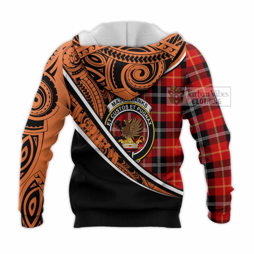 Tartan Vibes Clothing Majoribanks Crest Tartan Knitted Hoodie with Maori Tattoo Style - Orange Version