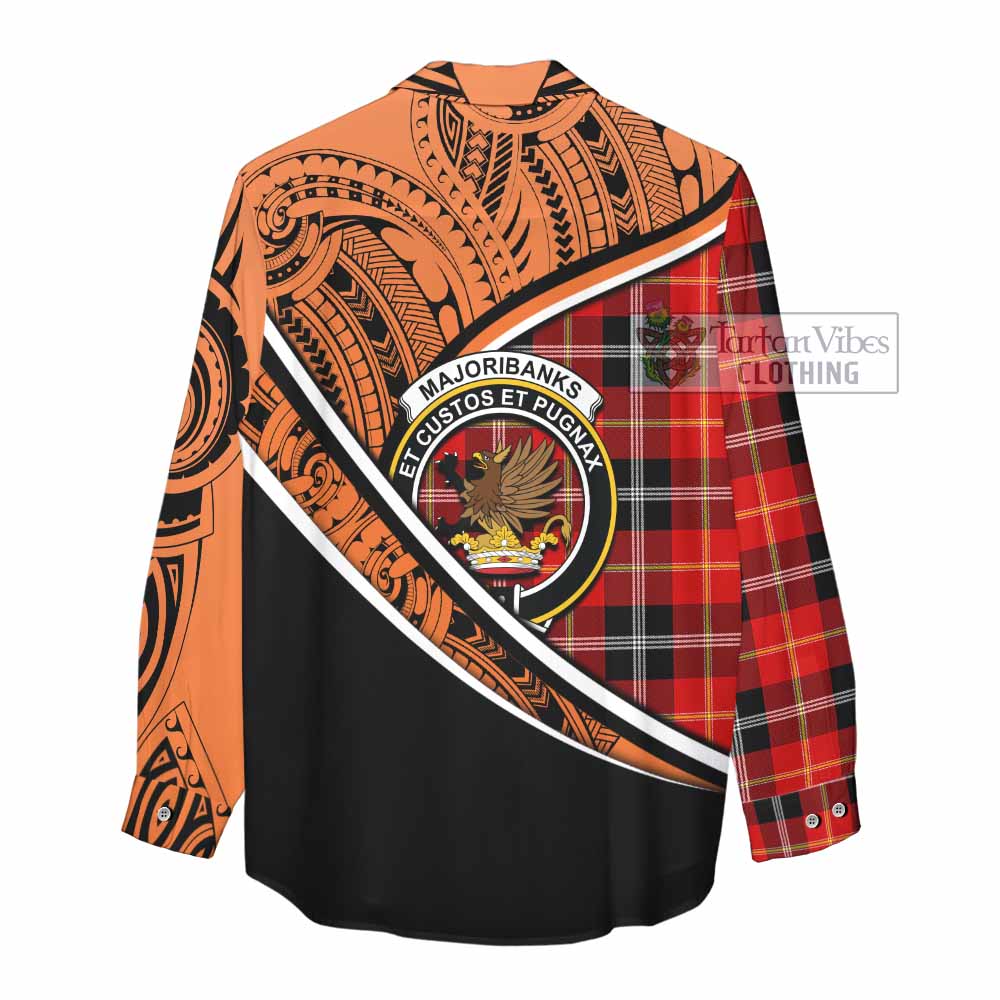 Tartan Vibes Clothing Majoribanks Crest Tartan Women's Casual Shirt with Maori Tattoo Style - Orange Version