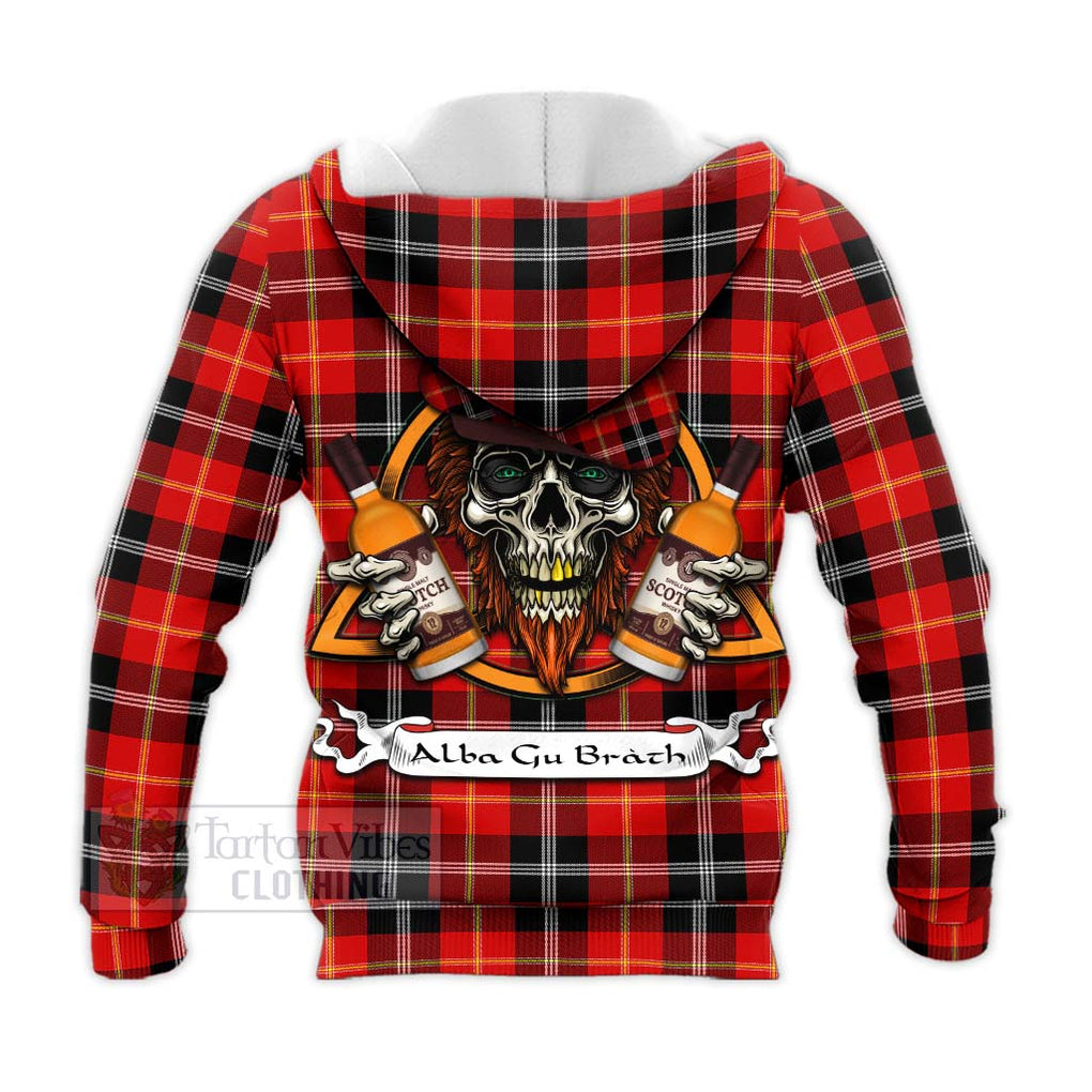 Tartan Vibes Clothing Majoribanks Tartan Knitted Hoodie with Family Crest and Bearded Skull Holding Bottles of Whiskey