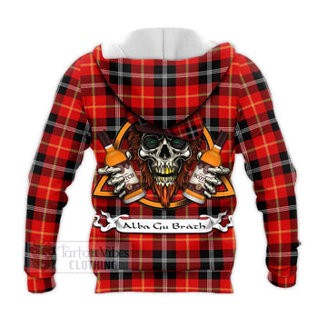 Majoribanks Tartan Knitted Hoodie with Family Crest and Bearded Skull Holding Bottles of Whiskey