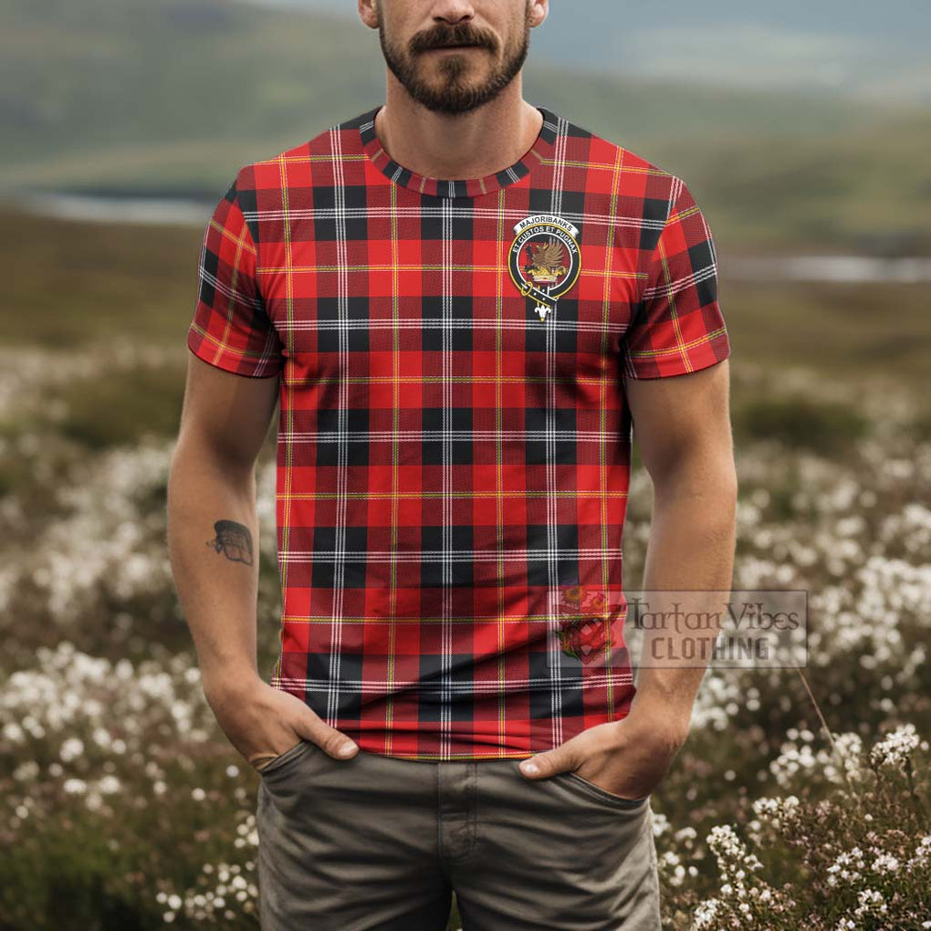 Tartan Vibes Clothing Majoribanks Tartan T-Shirt with Family Crest and Bearded Skull Holding Bottles of Whiskey