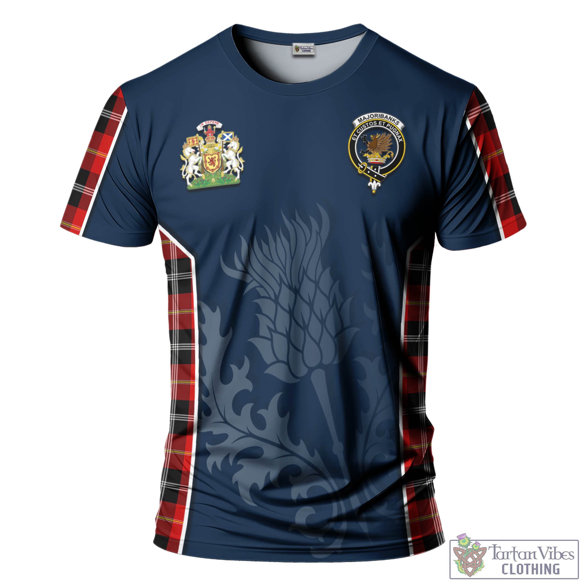 Tartan Vibes Clothing Majoribanks Tartan T-Shirt with Family Crest and Scottish Thistle Vibes Sport Style