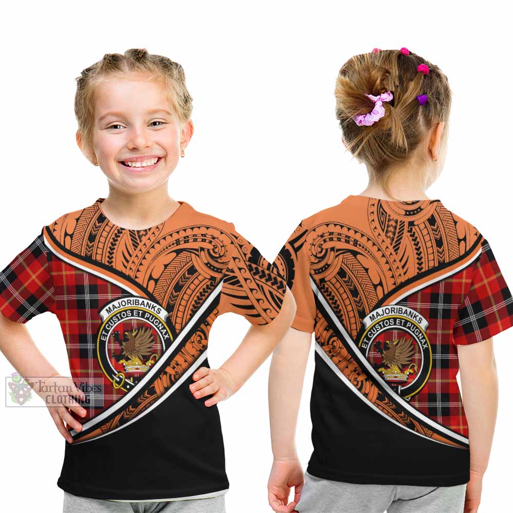 Tartan Vibes Clothing Majoribanks Crest Tartan Kid T-Shirt with Maori Tattoo Style - Orange Version