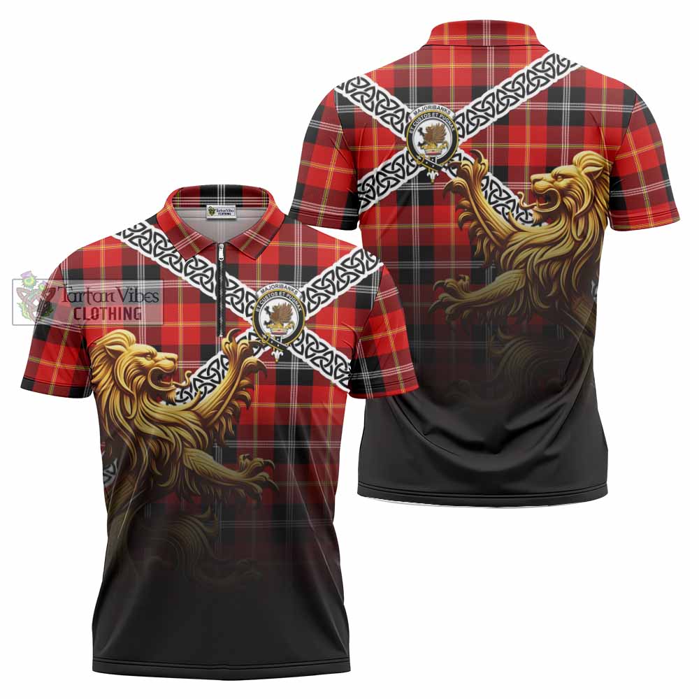 Majoribanks Crest Tartan Zipper Polo Shirt with Golden Lion Emblem Celtic Style - Tartan Vibes Clothing