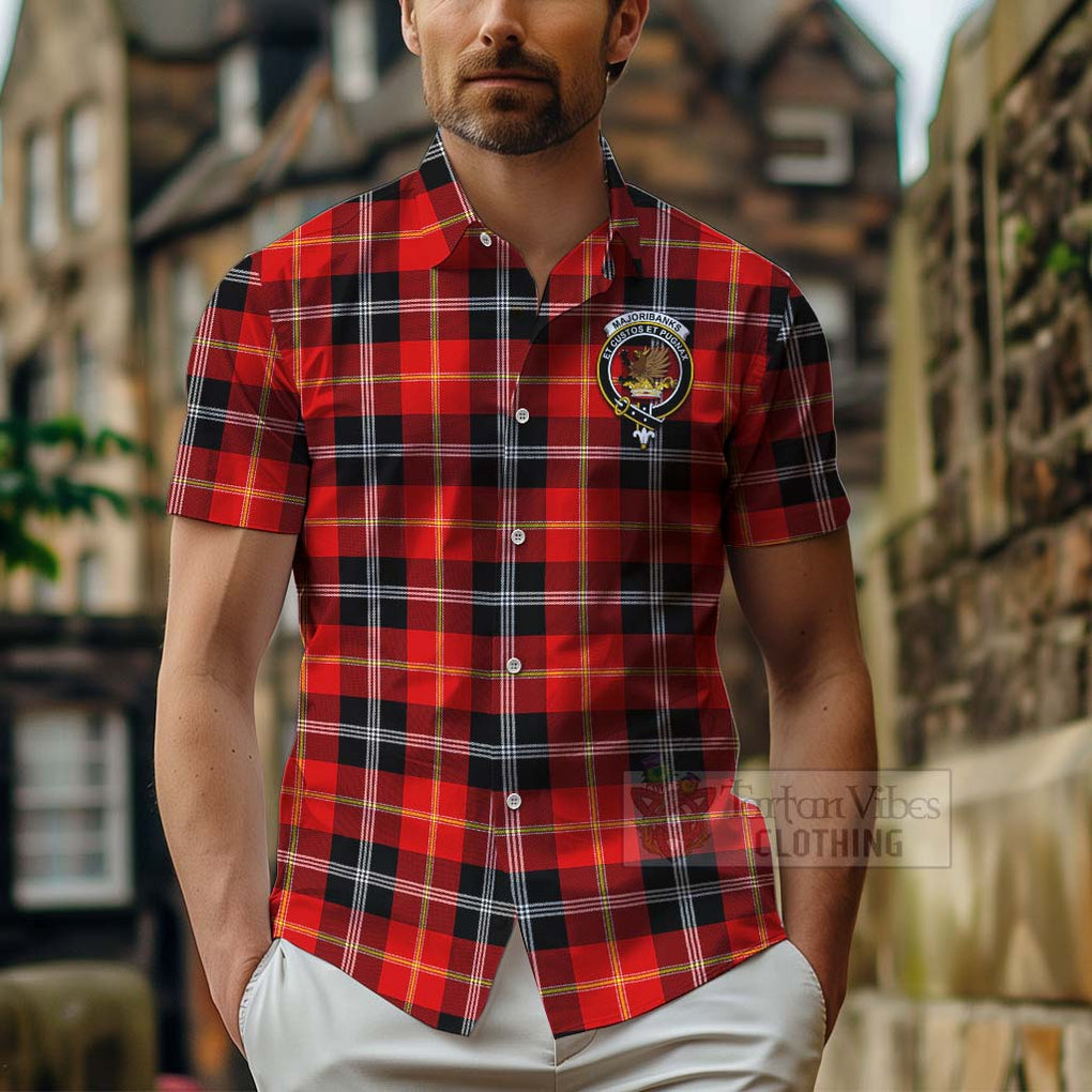 Tartan Vibes Clothing Majoribanks Tartan Short Sleeve Button Shirt with Family Crest and Bearded Skull Holding Bottles of Whiskey