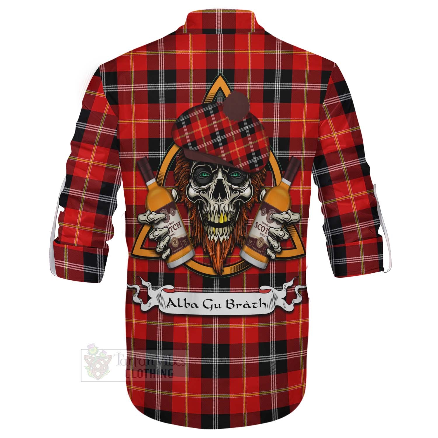 Tartan Vibes Clothing Majoribanks Tartan Ghillie Kilt Shirt with Family Crest and Bearded Skull Holding Bottles of Whiskey