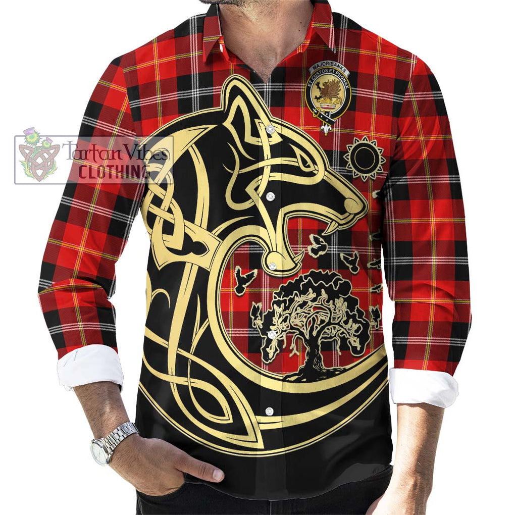 Majoribanks Tartan Long Sleeve Button Shirt with Family Crest Celtic Wolf Style - Tartan Vibes Clothing