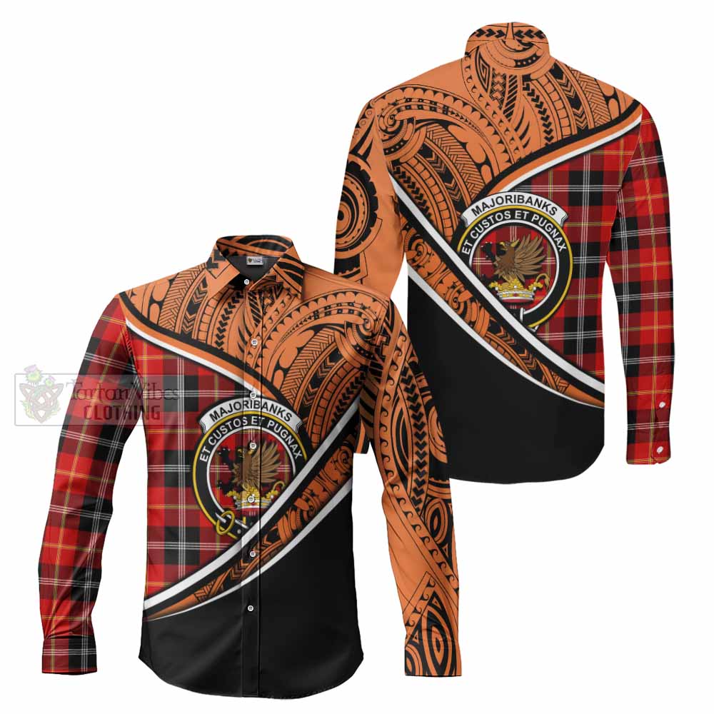 Tartan Vibes Clothing Majoribanks Crest Tartan Long Sleeve Button Shirt with Maori Tattoo Style - Orange Version