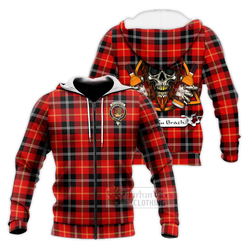 Tartan Vibes Clothing Majoribanks Tartan Knitted Hoodie with Family Crest and Bearded Skull Holding Bottles of Whiskey