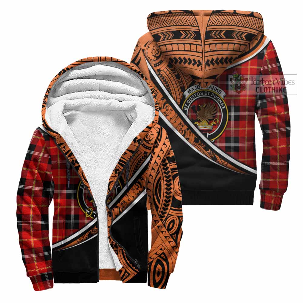 Tartan Vibes Clothing Majoribanks Crest Tartan Sherpa Hoodie with Maori Tattoo Style - Orange Version