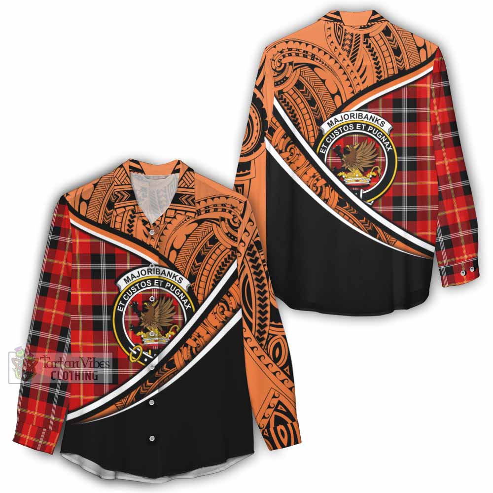 Tartan Vibes Clothing Majoribanks Crest Tartan Women's Casual Shirt with Maori Tattoo Style - Orange Version