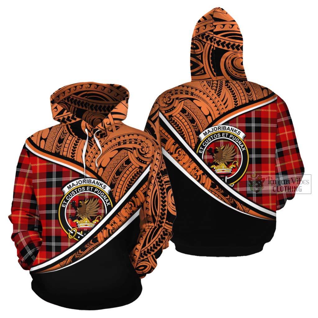 Tartan Vibes Clothing Majoribanks Crest Tartan Cotton Hoodie with Maori Tattoo Style - Orange Version