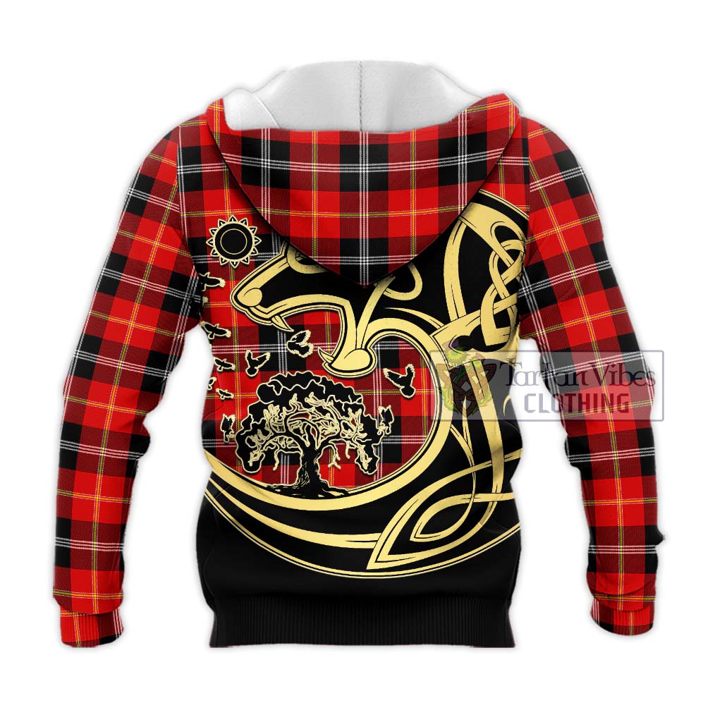 Tartan Vibes Clothing Majoribanks Tartan Knitted Hoodie with Family Crest Celtic Wolf Style
