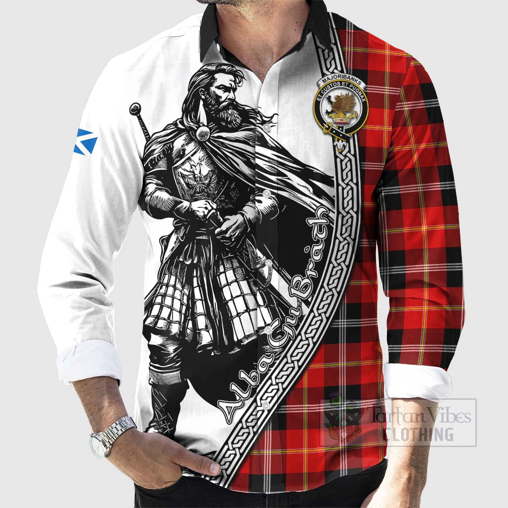 Tartan Vibes Clothing Majoribanks Tartan Clan Crest Long Sleeve Button Shirt with Highlander Warrior Celtic Style