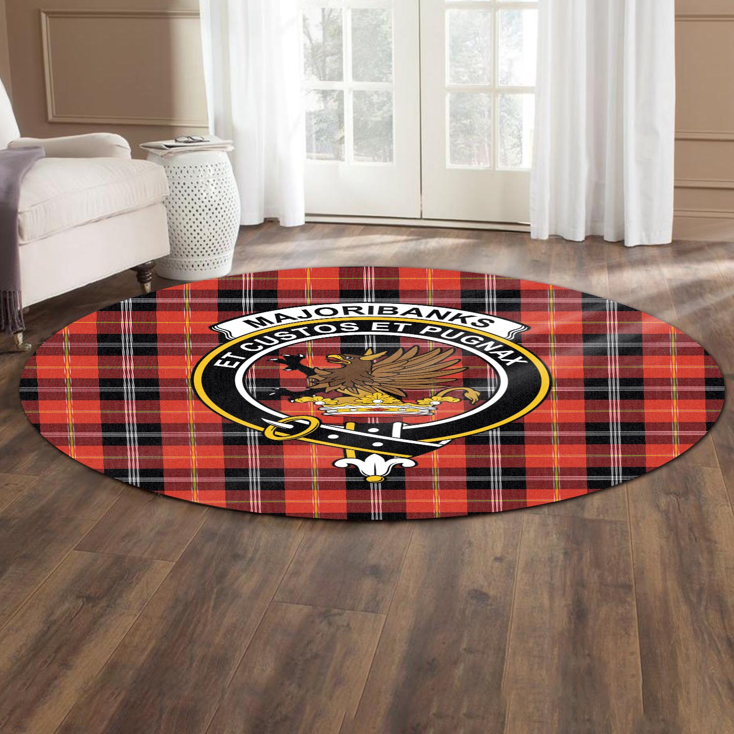 majoribanks-tartan-round-rug-with-family-crest