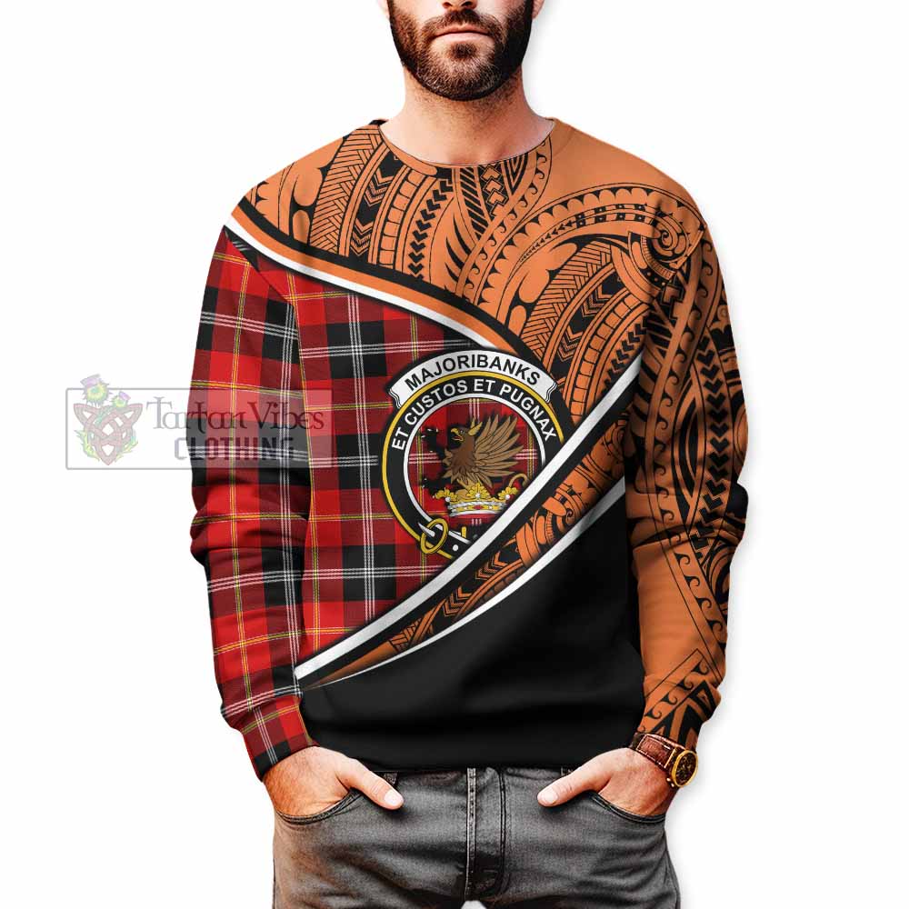 Tartan Vibes Clothing Majoribanks Crest Tartan Sweatshirt with Maori Tattoo Style - Orange Version