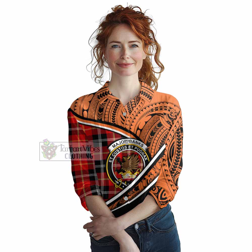 Tartan Vibes Clothing Majoribanks Crest Tartan Women's Casual Shirt with Maori Tattoo Style - Orange Version