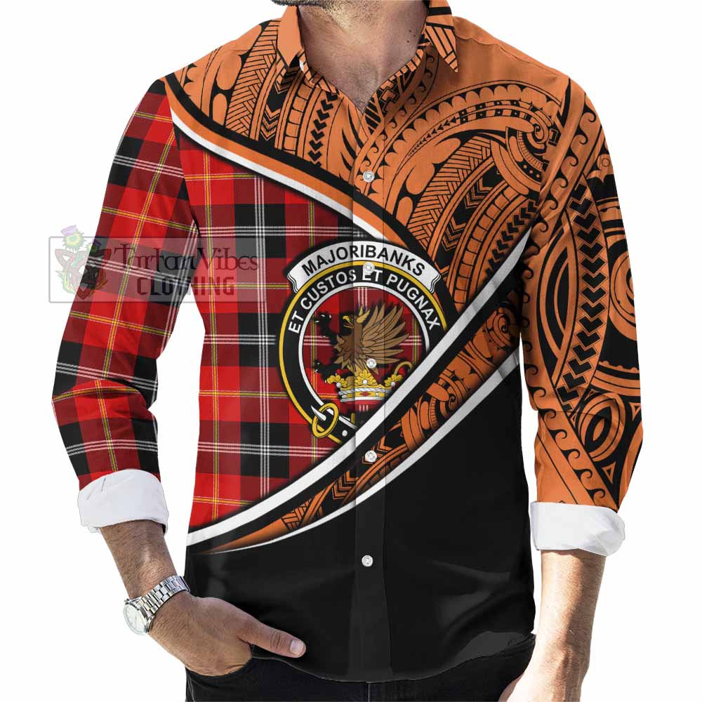 Tartan Vibes Clothing Majoribanks Crest Tartan Long Sleeve Button Shirt with Maori Tattoo Style - Orange Version