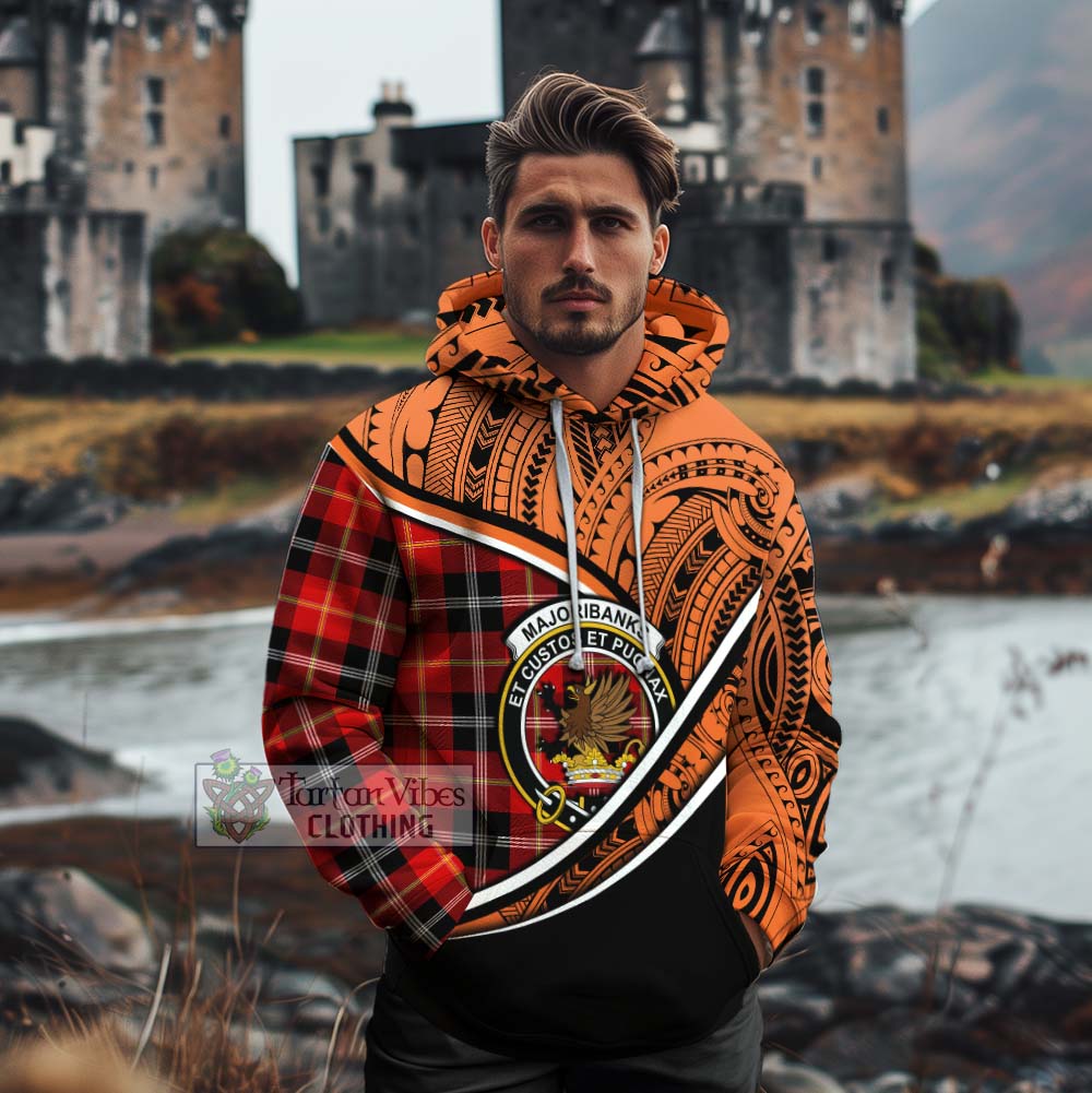 Tartan Vibes Clothing Majoribanks Crest Tartan Cotton Hoodie with Maori Tattoo Style - Orange Version