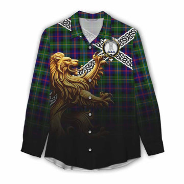 Malcolm Crest Tartan Women's Casual Shirt with Golden Lion Emblem Celtic Style Female - Tartan Vibes Clothing