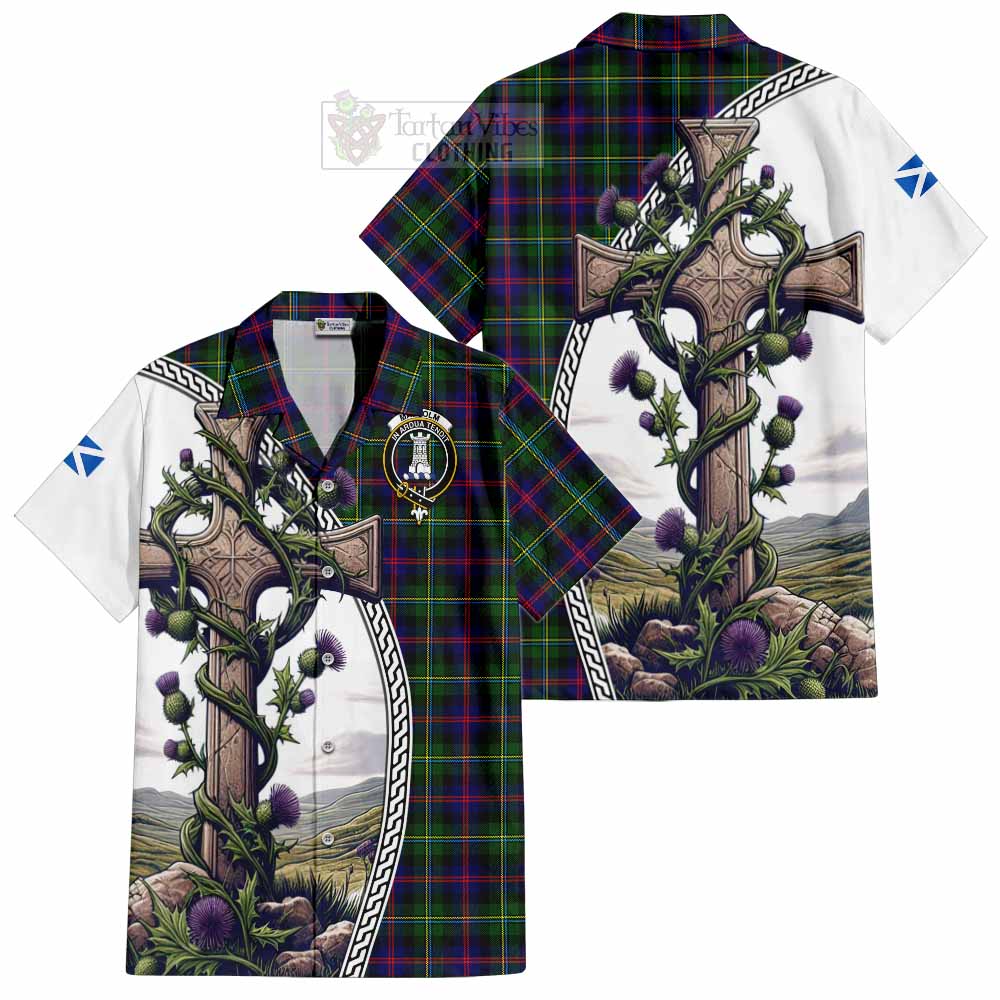 Tartan Vibes Clothing Malcolm Tartan Short Sleeve Button Shirt with Family Crest and St. Andrew's Cross Accented by Thistle Vines