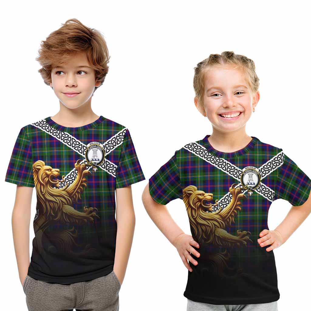 Malcolm Crest Tartan Kid T-Shirt with Golden Lion Emblem Celtic Style Youth XL Size14 - Tartan Vibes Clothing