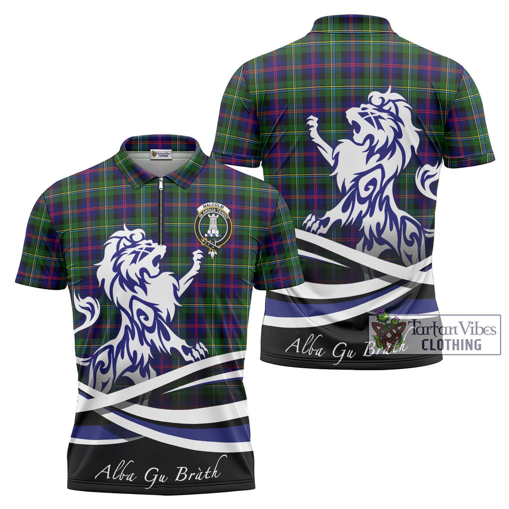 Malcolm Tartan Zipper Polo Shirt with Alba Gu Brath Regal Lion Emblem Unisex - Tartanvibesclothing Shop