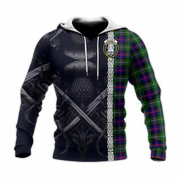 Malcolm Tartan Knitted Hoodie with Family Crest Cross Sword Thistle Celtic Vibes