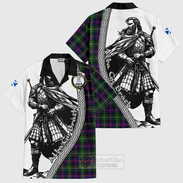 Malcolm Tartan Clan Crest Short Sleeve Button Shirt with Highlander Warrior Celtic Style