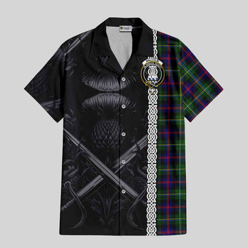 Malcolm Tartan Short Sleeve Button Shirt with Family Crest Cross Sword Thistle Celtic Vibes