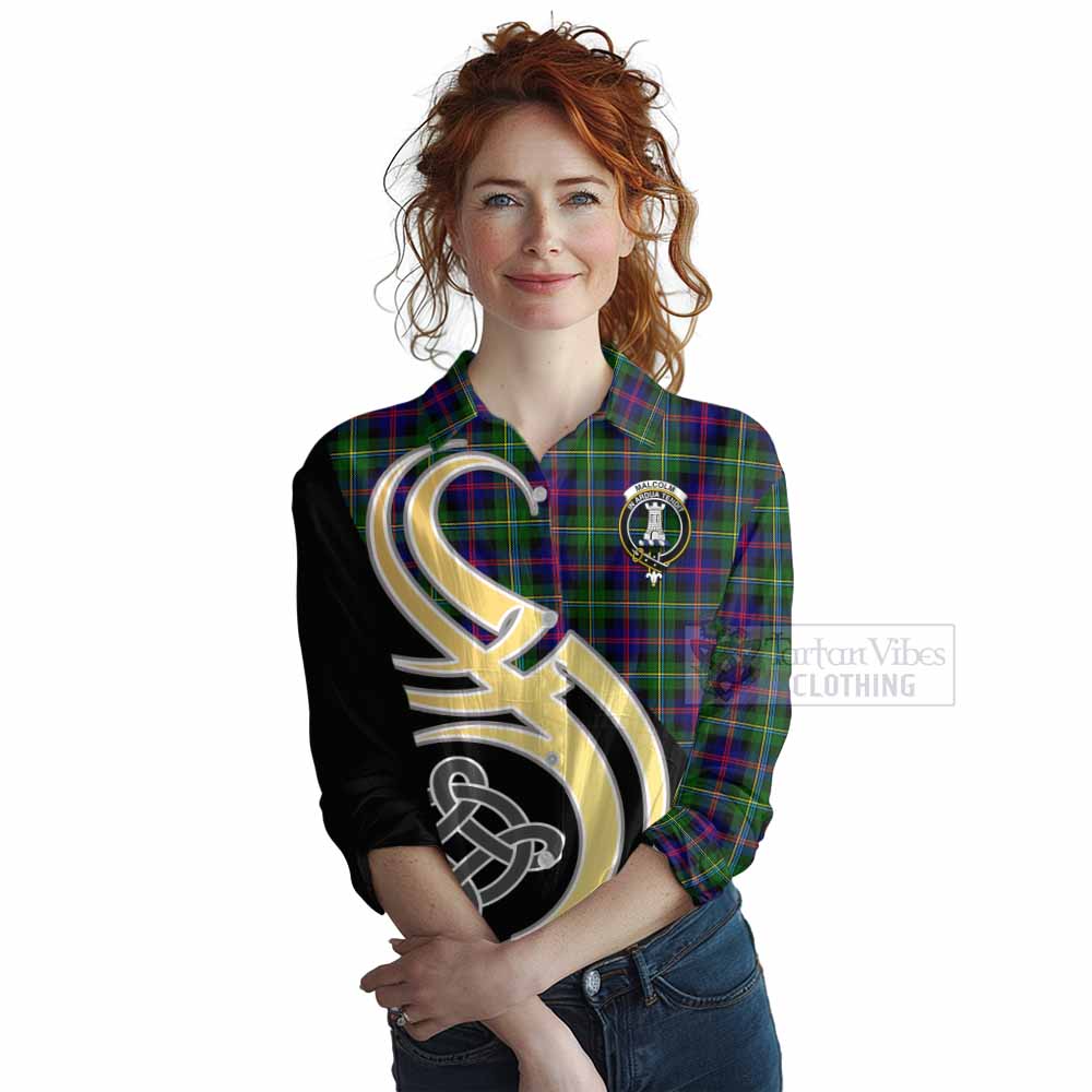 Tartan Vibes Clothing Malcolm Tartan Women's Casual Shirt with Family Crest and Celtic Symbol Style